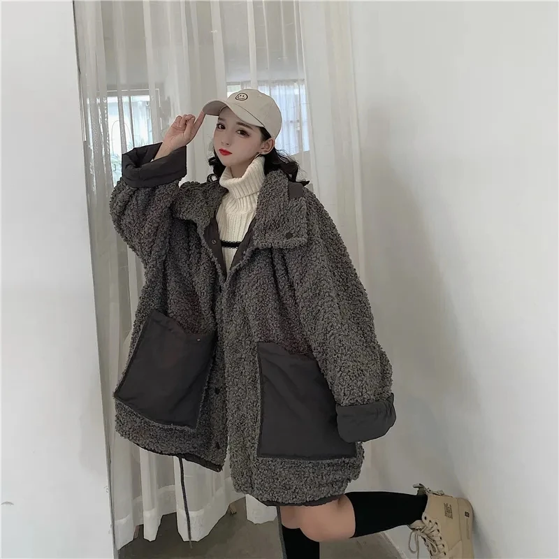 2023 kórejská verzia imitácia kožušiny zimné dámske voľné imitácia ovčia vlna obojstranné nosiť dlhý kabát