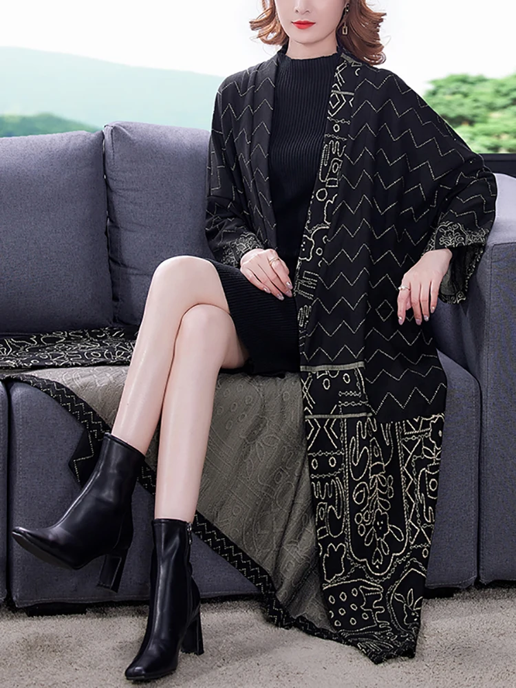 2023 New Black Print Dlhý Rukáv Voľné Pás Coats Ženy Kórejský Vintage Elegantné Výkopu Jeseň Zima Elegantný, Ležérny Top Bundy