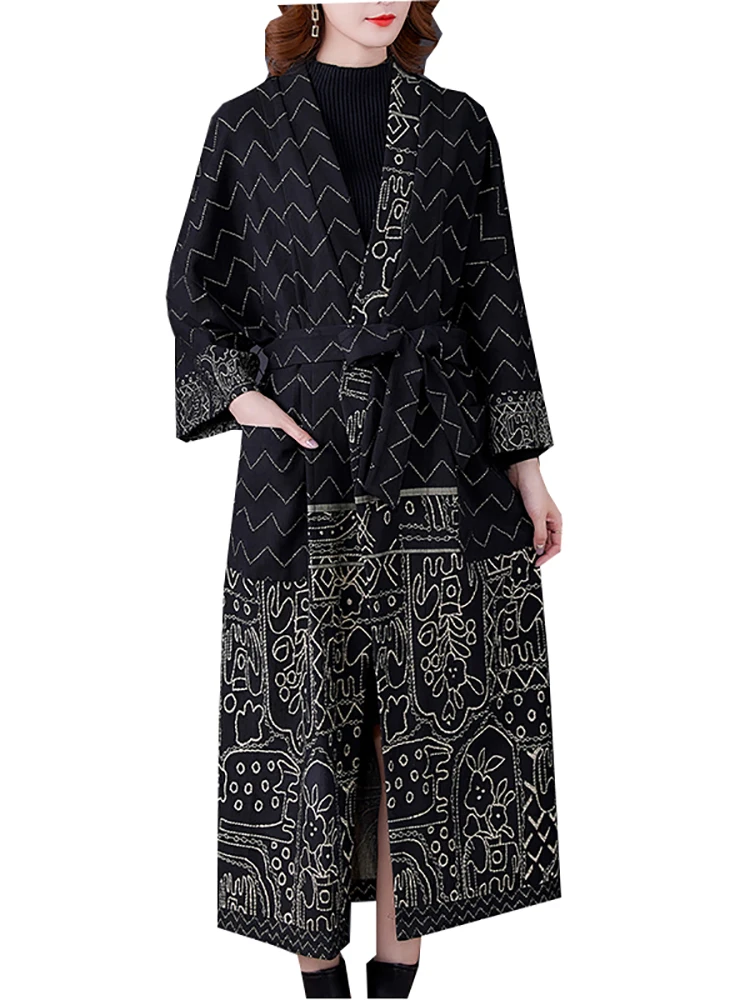 2023 New Black Print Dlhý Rukáv Voľné Pás Coats Ženy Kórejský Vintage Elegantné Výkopu Jeseň Zima Elegantný, Ležérny Top Bundy