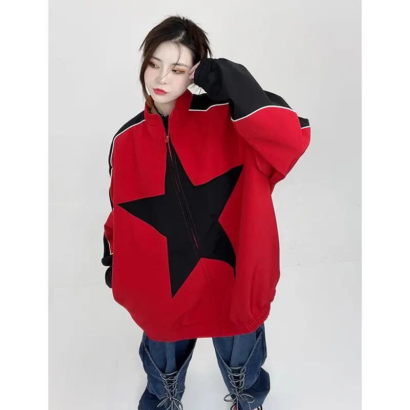 2023 Nové Farby Zodpovedajúce Star Bunda Jacket Stojan Golier Ženy Bunda Harajuku Hip Hop Voľné Zips, Dlhý Rukáv Bundy Streetwear