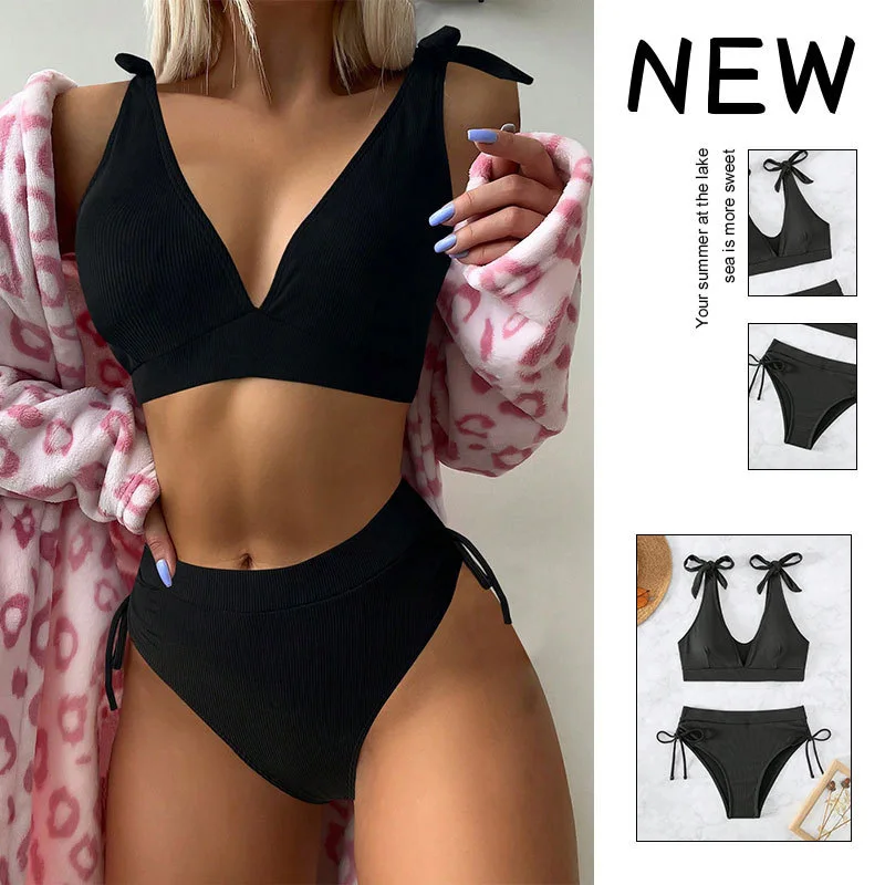 2023 Nové Letné Kúpanie Oblek Žien 2 Kus Bikini Set Vysoký Pás Plaviek V-krk Plavky Pevné Backless Plavky
