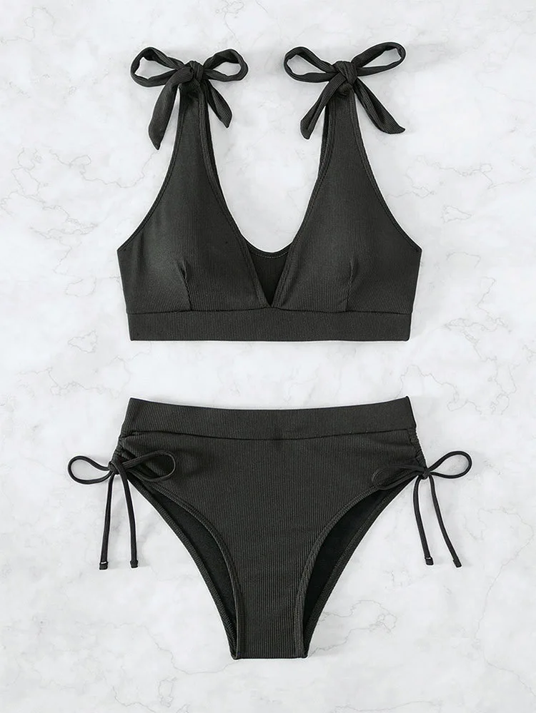 2023 Nové Letné Kúpanie Oblek Žien 2 Kus Bikini Set Vysoký Pás Plaviek V-krk Plavky Pevné Backless Plavky