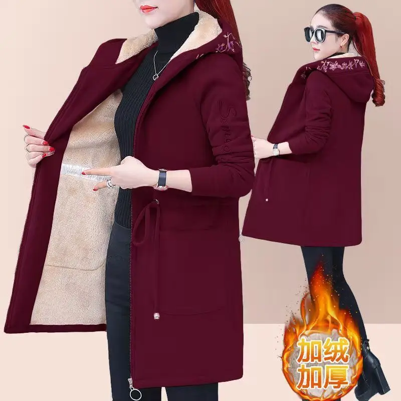 2024 Nové Jeseň Dlho, Fleece Bundy Ženy Pribrala Voľné Zimná Bunda S Kapucňou, Vyšívané Sveter Na Zips Plyšové Kabát Vrchné Oblečenie