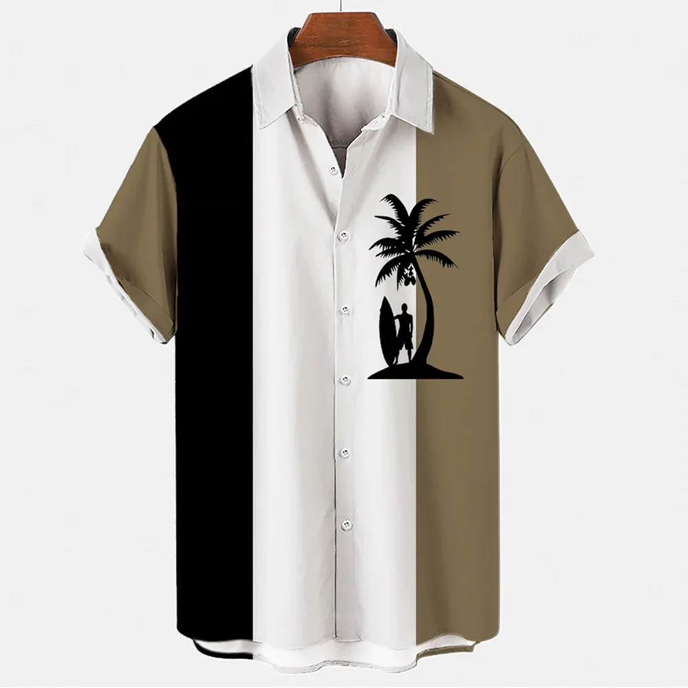 2024 Novú Hawaii Mužov Pláži T-Shirts Palmy Vytlačené Krátke Sleeve Tee Topy Kontrastné Plus Veľkosť Singel Svojim Klope Košele