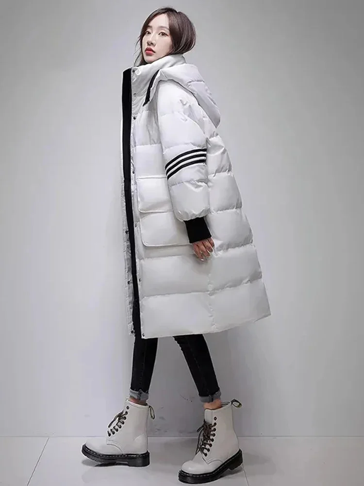 2024 Zimné nové Puffer Pevné Bunda Ženy Streetwear Teplé Dlho Parkas Kapucňou Žena Voľné 90% Biele Kačacie Nadol Kabát