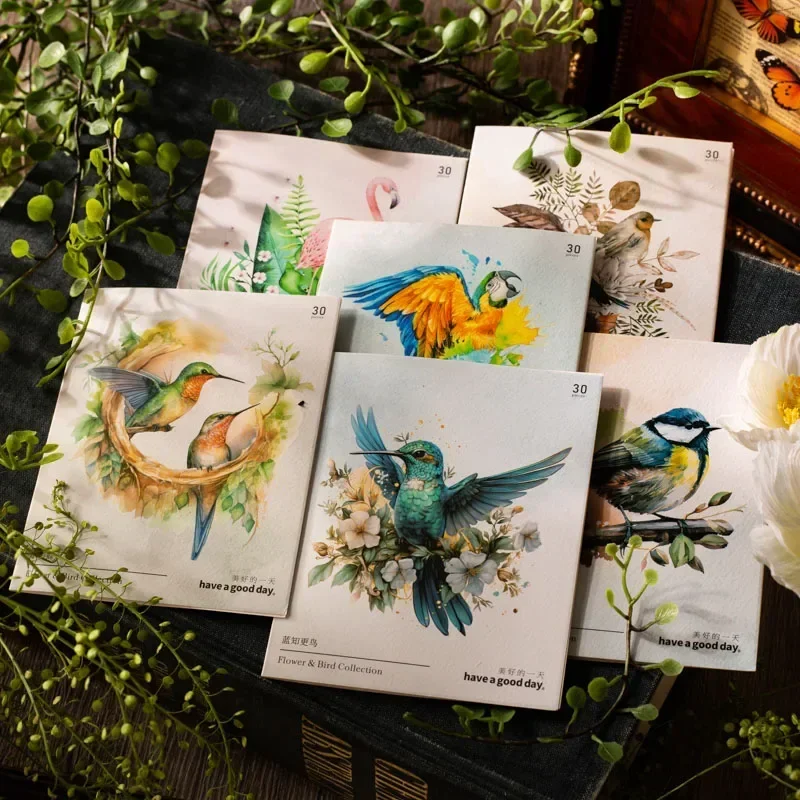 30 Listov pet nálepky package kvet a vtákov, zber série akvarel kvet, vták umelecké dekorácie, nálepky, 6 Druhov