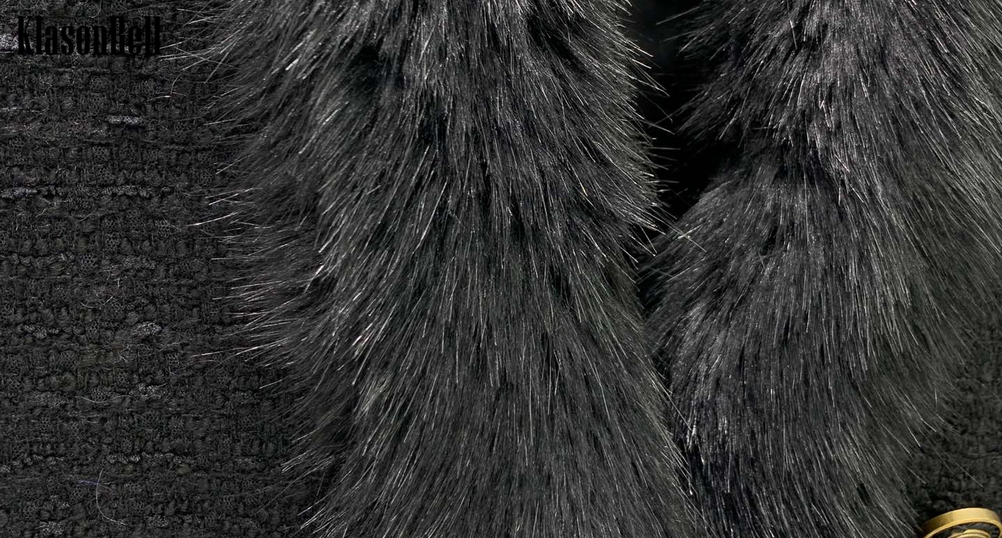 7.11 KlasonBell Módne Fox Kožušiny Odnímateľný Dvojité Breasted Black Tweed Bunda Ženy