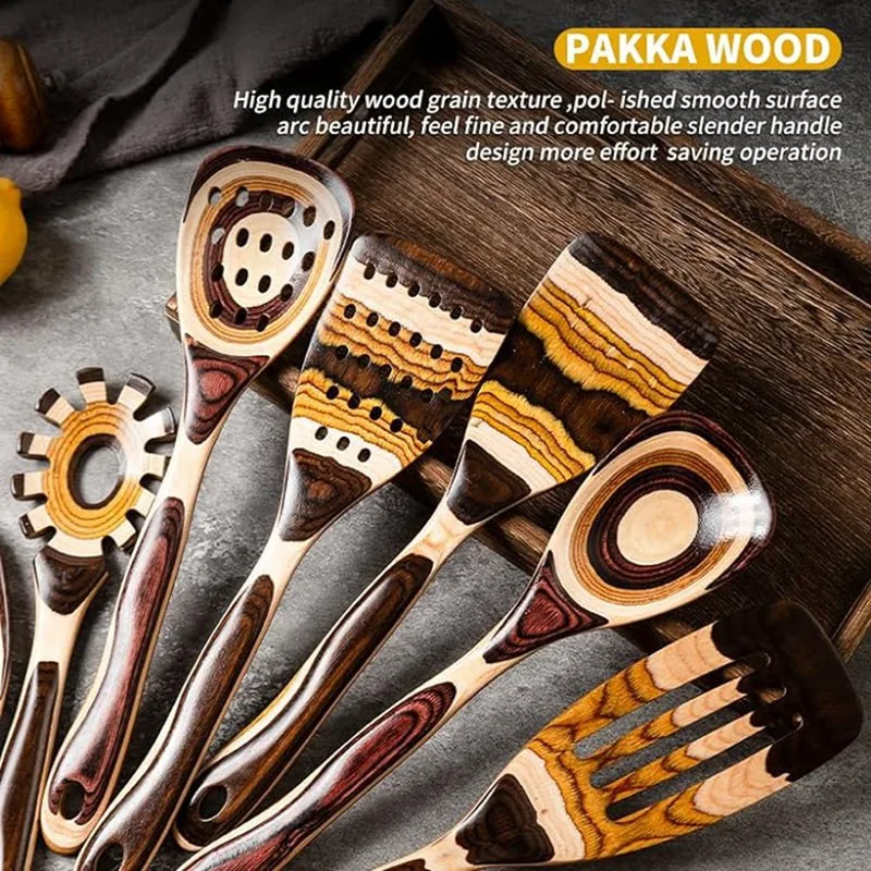7Pcs Pakkawood Riad Kit-Odolné, Eco-Friendly, Drevené Lyžice Na Varenie, Drevené Nádoby, Súpravy Na Varenie