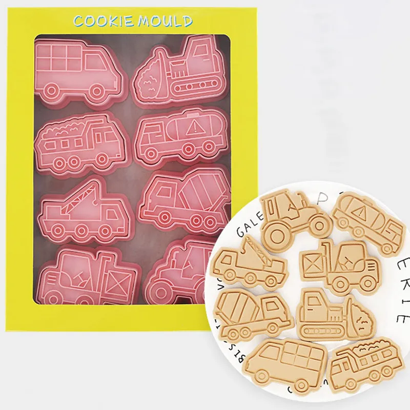 8 Ks/set Inžinierstva Truck Cookie Nožnice na Plastové 3D animovaný Pressable Biscuit Formy Cookie Pečiatka Pečenie Pečiva Pečenie Kuchyňa