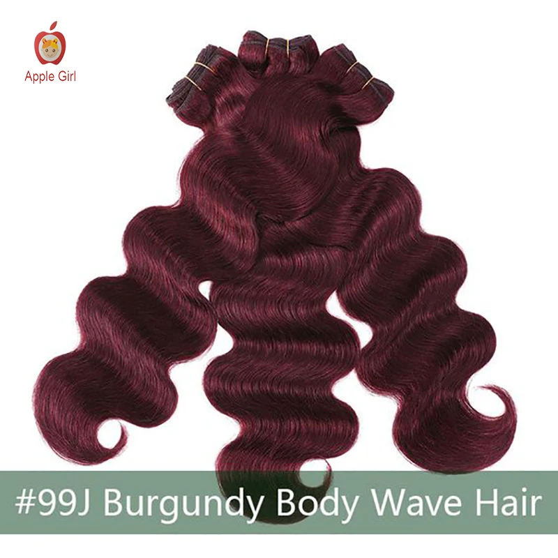 #99J Telo Vlna Dvojitý Útok Vínovej Farby predlžovanie Vlasov 1/3/4 Zväzky Brazílsky Remy Panny Ľudských Vlasov Pre Ženy Applegirl