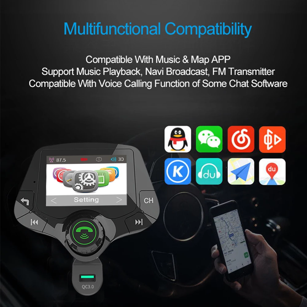 Auto MP3 Prehrávač s Bluetooth Farebný Displej QC3.0 Rýchle Nabíjanie Stereo Prehrávač Hudby, Bluetooth Hands-free, FM Vysielač