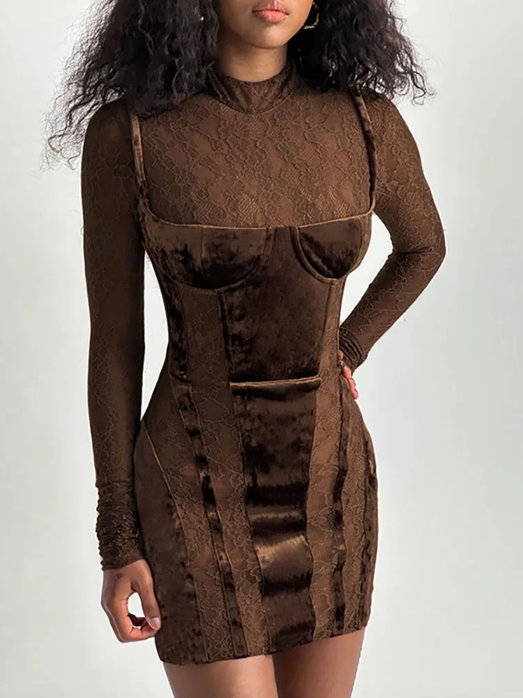 Bangniweigou Čipky Velvet Patchwork 2023 Ženy Vintage Brown Mini Šaty, Celý Rukáv Jeseň Zimné Móda Slim Preppy Oblečenie