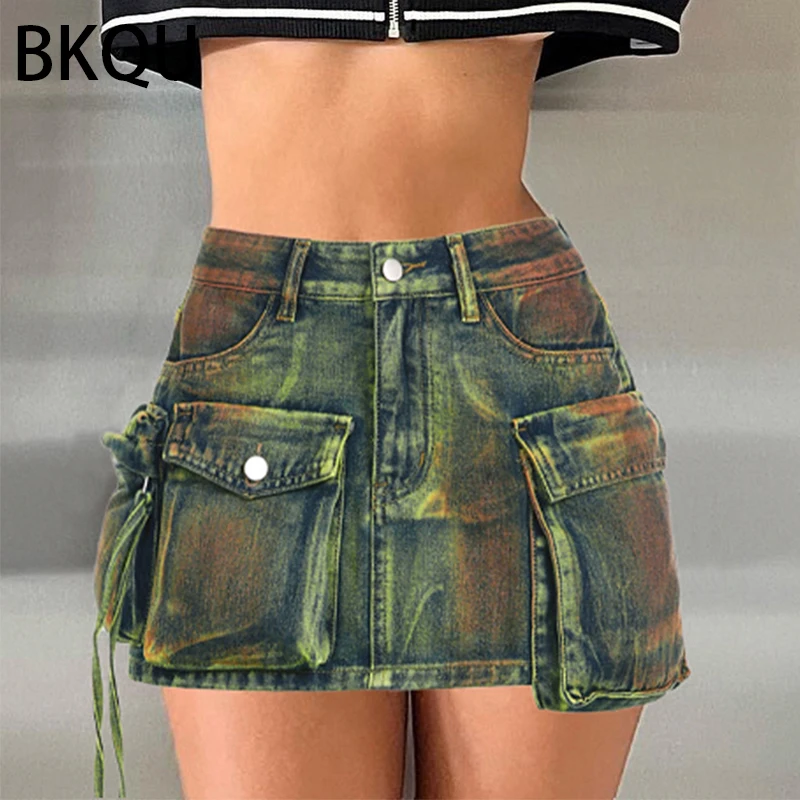 BKQU Multi-vrecko Denim Sukne Ženy 2023 Lete Y2K Estetické Víla Grunge Vysoký Pás Jean Mini Sukne Streetwear kórejský Dna