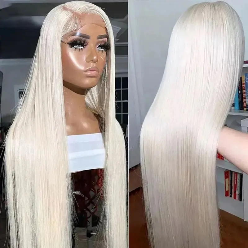 Bomba #60 White Blonde Predné Čipky Parochne Rovné Dlhé Vlasy Glueless Vysoká Kvalita Tepelne Odolných Syntetických Cosplay pre Ženy