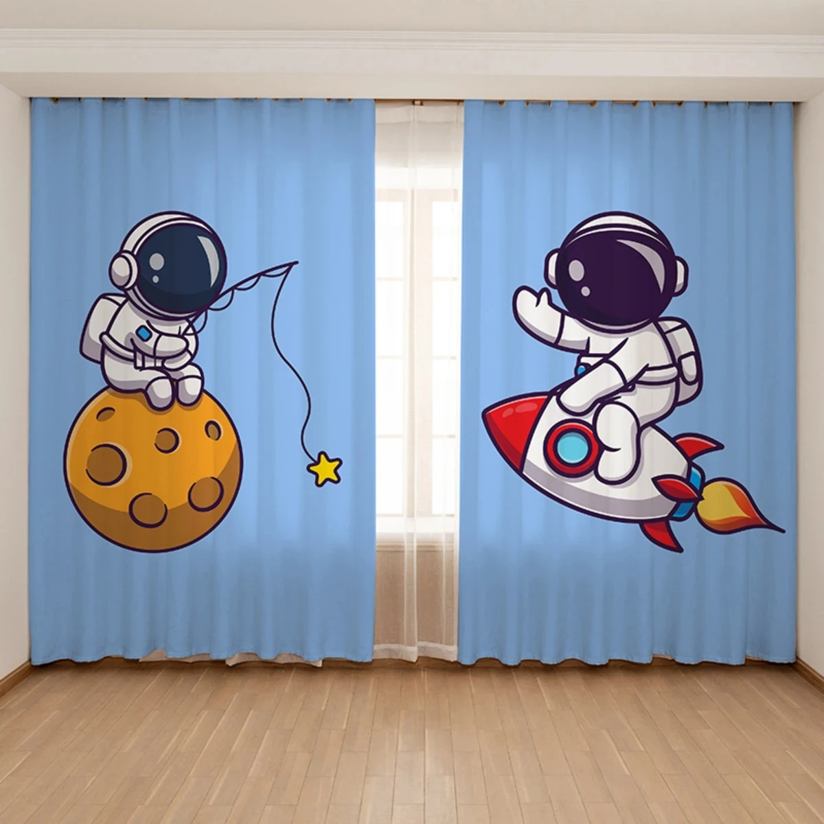 Cartoon Priestor Raketa Priestoru Astronaut detskej Izby Chlapec Spálňa Bay Window High Tieňovanie Módy Rôzne Farby Vzor 2Panels