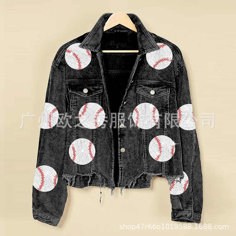 Coats Pevné Bundy Ženy Zase Dole Golier Celý Rukáv Singel Svojim Kabát Bežné Baseball Sequin Spájať Bunda Top Vrchné Oblečenie