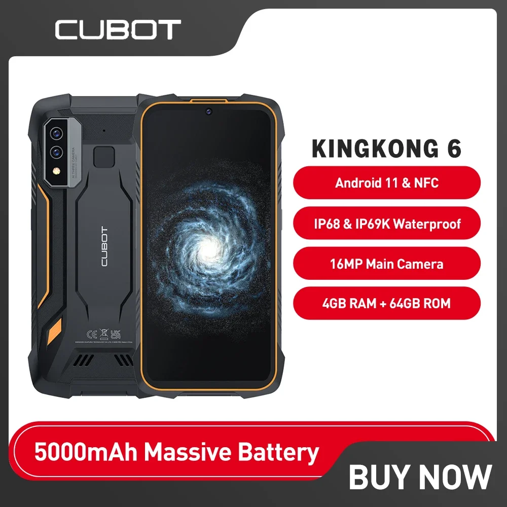 Cubot KingKong 6 Robustný Smartphone 64 GB ROM (128GB Rozšírený) Telefón 16MP 5000mAh 4G Quad Core Dual SIM Android 11 Mobilný Telefón NFC
