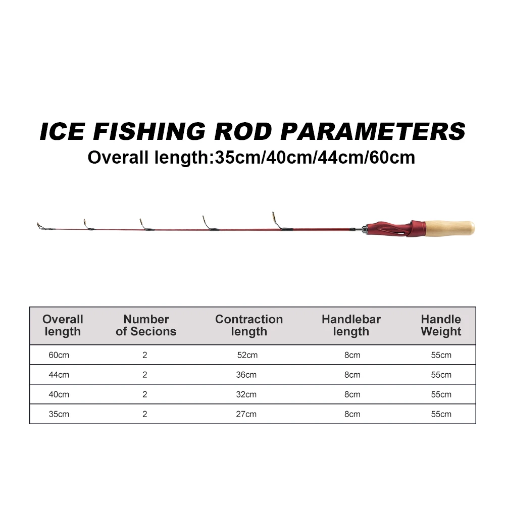 D1 Ice Rybársky Prút Spinning Rod Štyri Veľkosť 35 cm/40cm/44 cm/60 cm Prenosné 2 oddiel Zimné Rybársky Prút Drevená Rukoväť