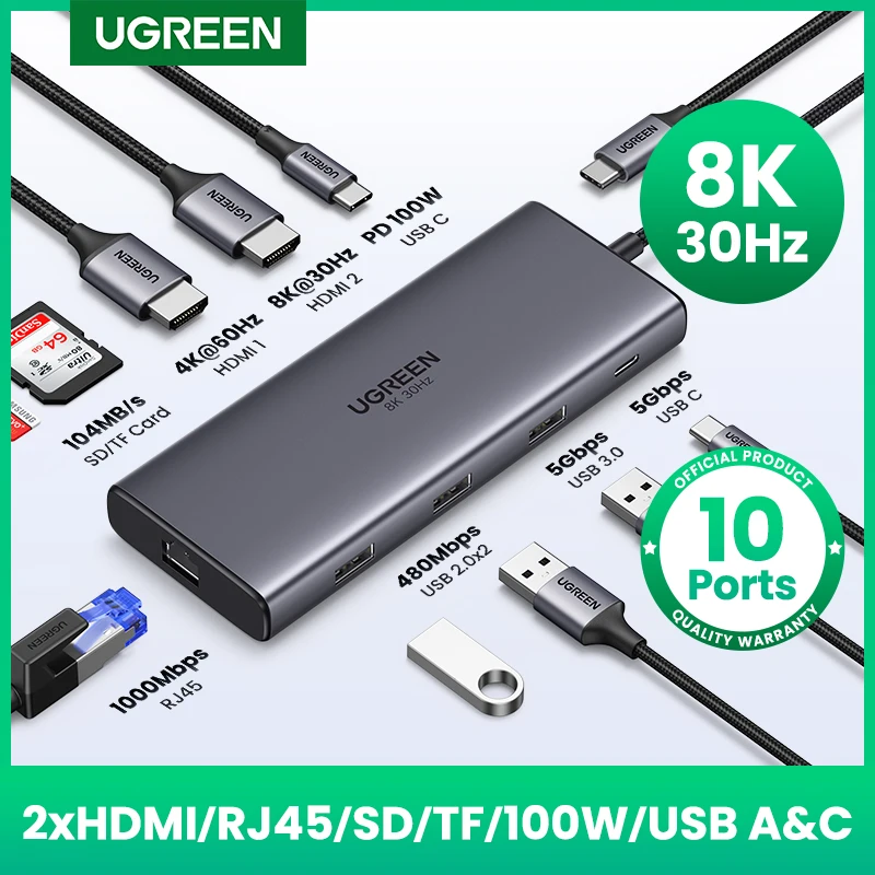 DBG Dual HDMI USB HUB 8K HDMI Adaptér 10 v 1 Splitter s RJ45, USB 3.0 PD 100W Dock pre MacBook Pro Air M2 M1 USB C HUB