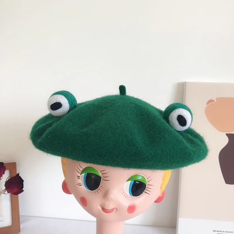 DIY beret klobúk žena jeseň vlnená plsť maliar klobúk zvierat žaba retro umenie ručné klobúk teplé zimné hrubé