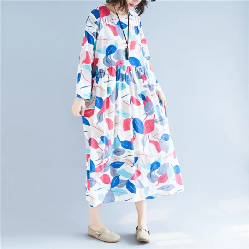 dlhý rukáv bavlnená posteľná bielizeň vintage kvetinový ženy príležitostné voľné jeseň jar šaty elegantné oblečenie 2021 dámske šaty