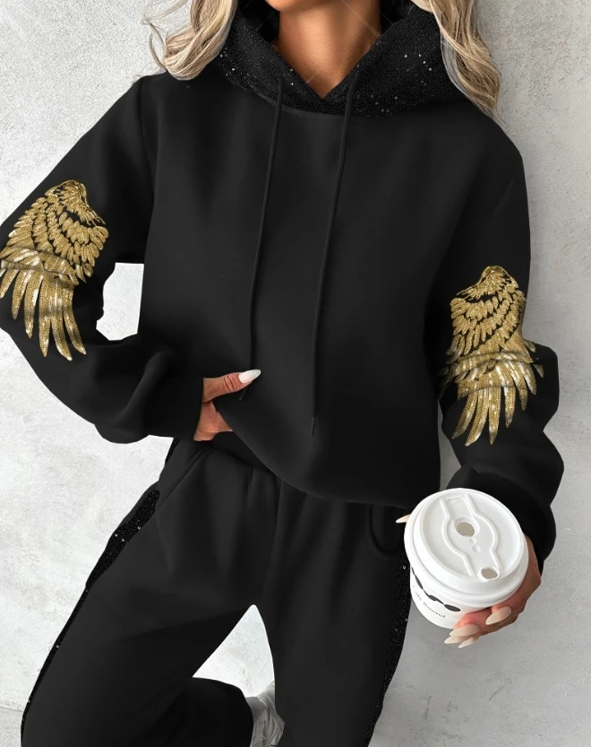 Dve Kus Ženy Outfit Na Jeseň Fashion Sequin Krídla Vzor Long Sleeve Hooded Mikina & Bežné Vrecko Tepláky Nastaviť