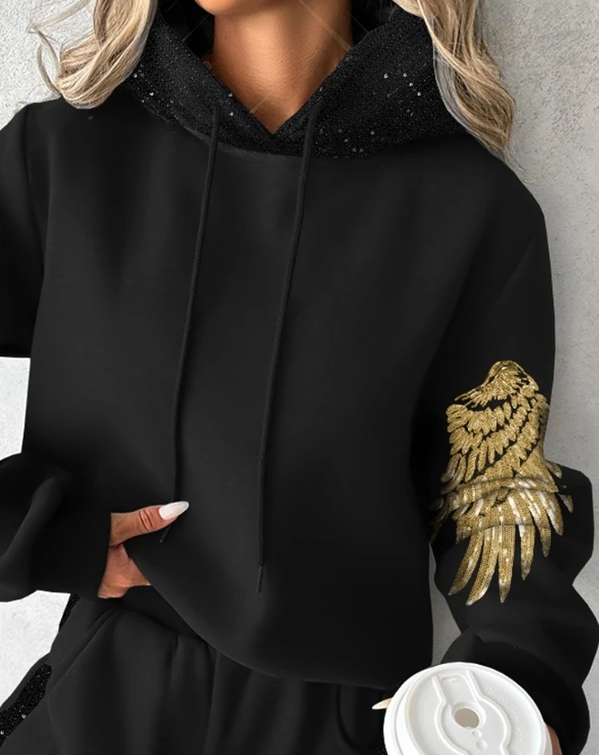 Dve Kus Ženy Outfit Na Jeseň Fashion Sequin Krídla Vzor Long Sleeve Hooded Mikina & Bežné Vrecko Tepláky Nastaviť
