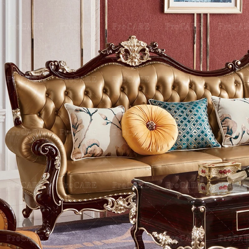 Európska pravej kože masívneho dreva vyrezávané luxusná sedacia súprava obývacia izba nábytok, obývacia izba, sedacie súpravy