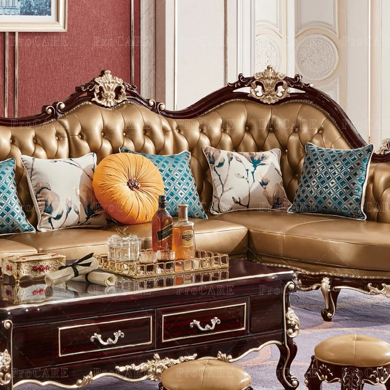 Európska pravej kože masívneho dreva vyrezávané luxusná sedacia súprava obývacia izba nábytok, obývacia izba, sedacie súpravy