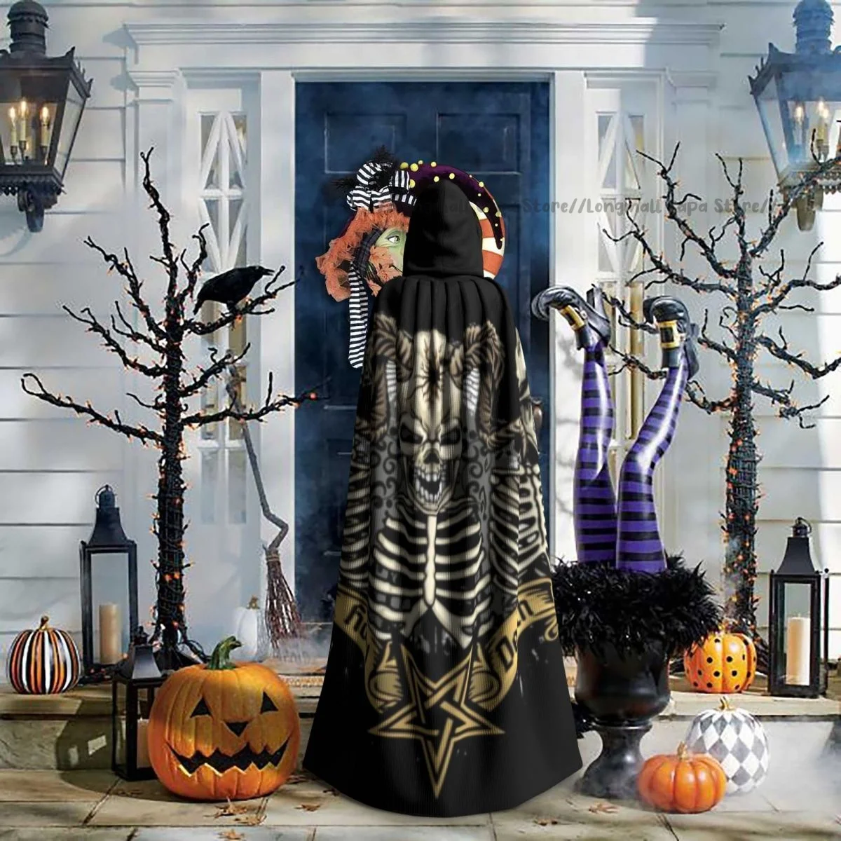 Gotický S Lebkou Plášť S Kapucňou Cosplay Kostým Halloween Dospelých Dlho Strany Kapskom