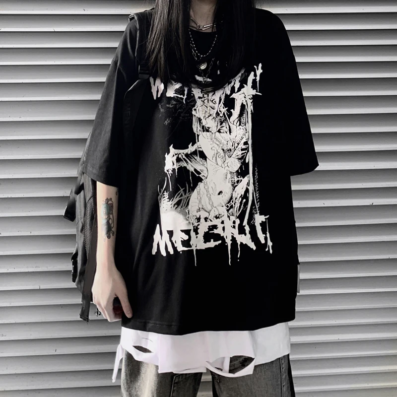Gotický Tmavé Y2k-Krátke rukávy T-shirt Žena Lady T-shirt Voľné Harajuku Retro Top Kawaii Anime Grafické T-shirt Top
