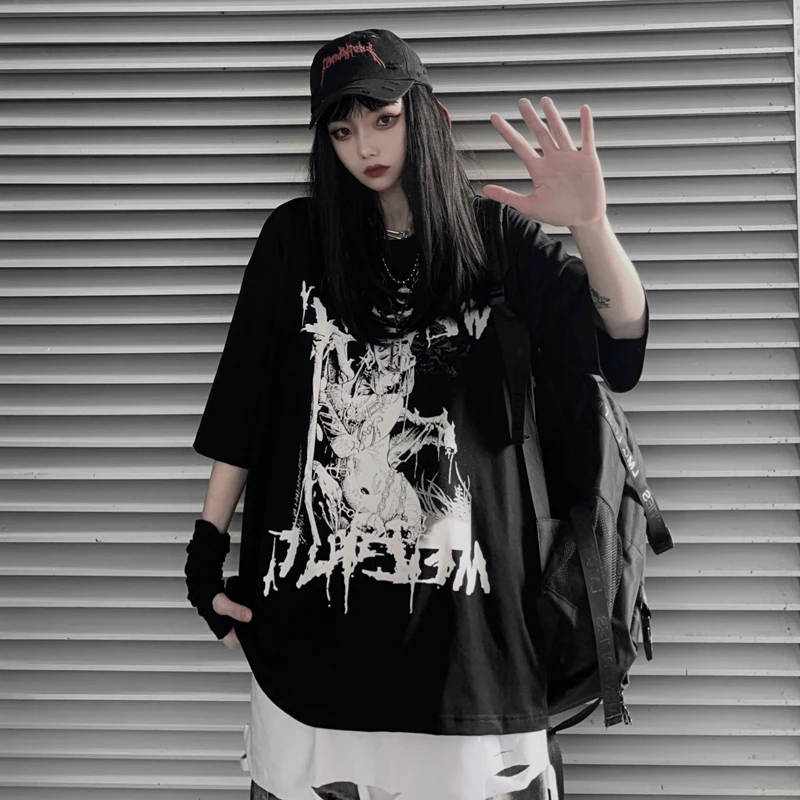 Gotický Tmavé Y2k-Krátke rukávy T-shirt Žena Lady T-shirt Voľné Harajuku Retro Top Kawaii Anime Grafické T-shirt Top