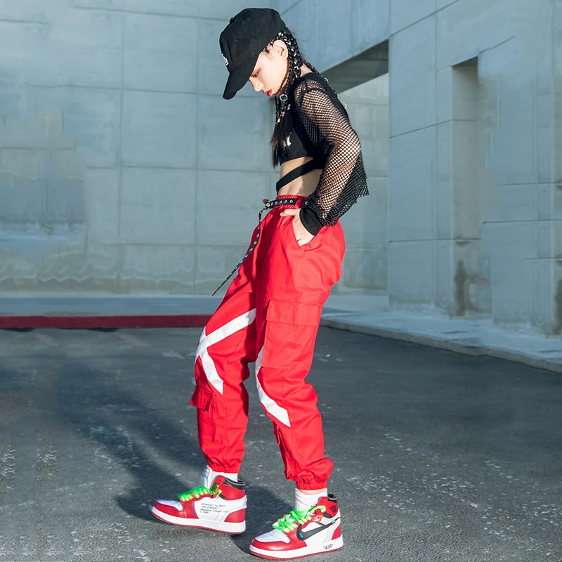 Hip-Hop Deti Street Dance Oblečenie Móda Jazz Zobraziť Kostým Červená Nohavice Dievčatá Čierna Vesta Topy Hiphop Praxi Fáze Oblečenie BL4972