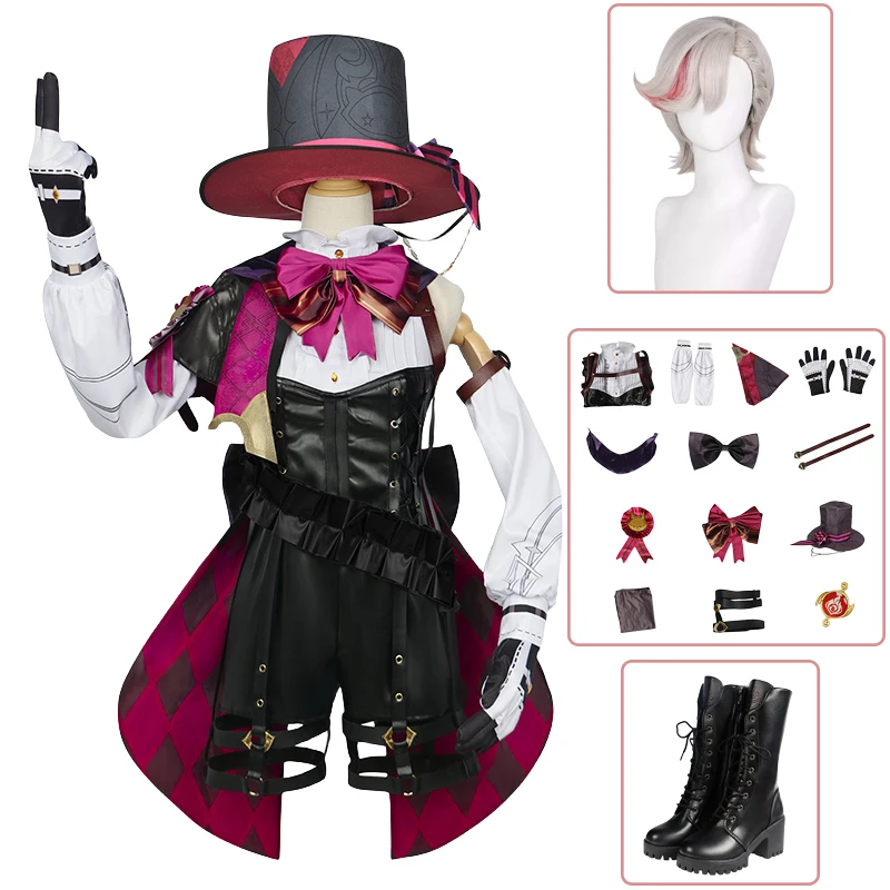 Hra Genshin Vplyv Lyney Cosplay Kostým Parochňu Topánky Fontaine Kožené Kúzelník Jednotné Klobúk Halloween Karnevalové Oblečenie