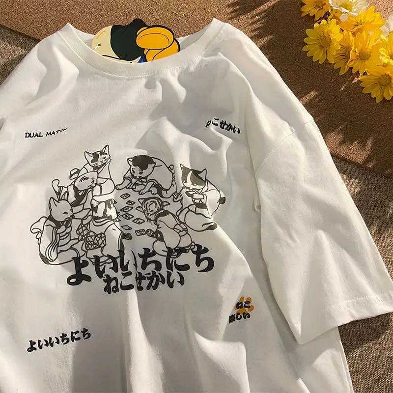 Japonský Retro Módne Značky, ktoré sú Voľné Krátke rukávy T-shirt Chlapcov a Dievčatá Mačka Tlače Hong Kong Štýl Národnej Prílev Študentov Top