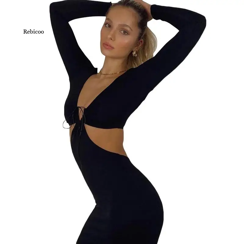 Jeseň Dlhý Rukáv, Plavky S Uväzovaním Za Sexy Vystrihnúť Black Maxi Šaty Slim Módne Oblečenie Split Dlhé Šaty Chudá Oblečenie