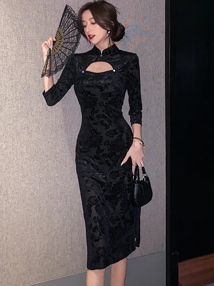 Jeseň Zima Black Žakárové Kvetinový Dlhé Šaty 2023 Kórejský Módne Duté Sa Prom Šaty Žien Elegantné Luxusné Strany Nočné Šaty