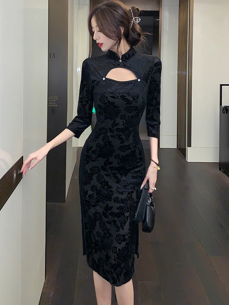 Jeseň Zima Black Žakárové Kvetinový Dlhé Šaty 2023 Kórejský Módne Duté Sa Prom Šaty Žien Elegantné Luxusné Strany Nočné Šaty