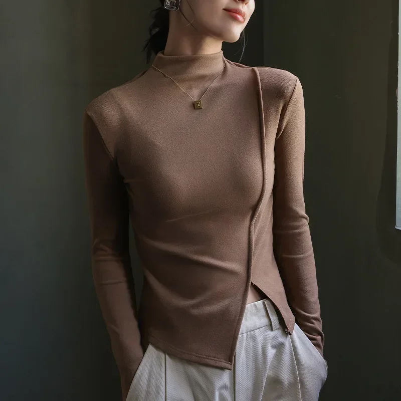 Jeseň Žien T-Shirt Kórea Štýlové Elegantné Bežné Slim Vrstvenie Topy Teplé Fleece Sexy Štrbinou Zimné Ženská Blúzka Oblečenie