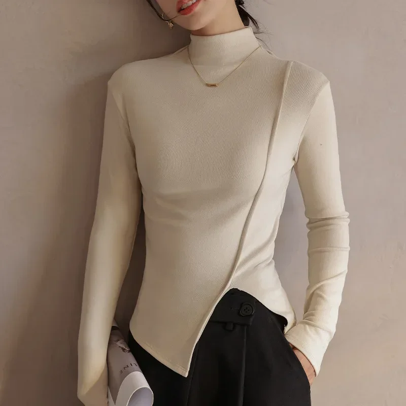 Jeseň Žien T-Shirt Kórea Štýlové Elegantné Bežné Slim Vrstvenie Topy Teplé Fleece Sexy Štrbinou Zimné Ženská Blúzka Oblečenie