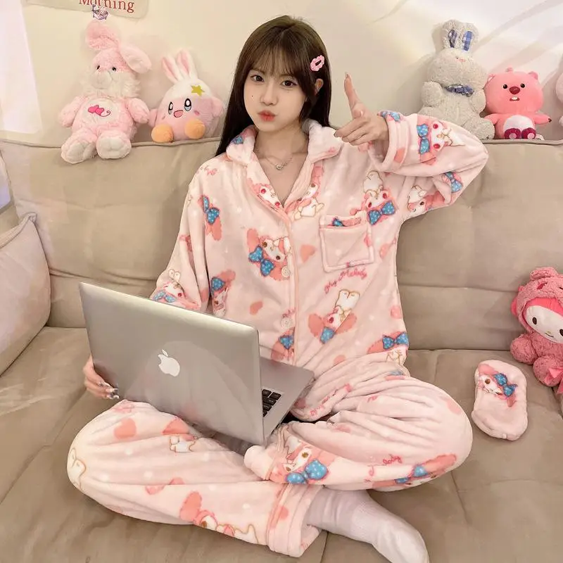 Kawaii Sanrio Ženy, Luxusné Pyžamo Anime Moje Melódie Karikatúra Roztomilý Nightgown Jeseň a v Zime Pribrala Long Sleeve Domov Nosiť Nastaviť