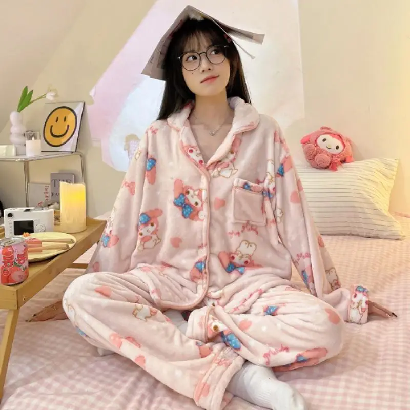 Kawaii Sanrio Ženy, Luxusné Pyžamo Anime Moje Melódie Karikatúra Roztomilý Nightgown Jeseň a v Zime Pribrala Long Sleeve Domov Nosiť Nastaviť