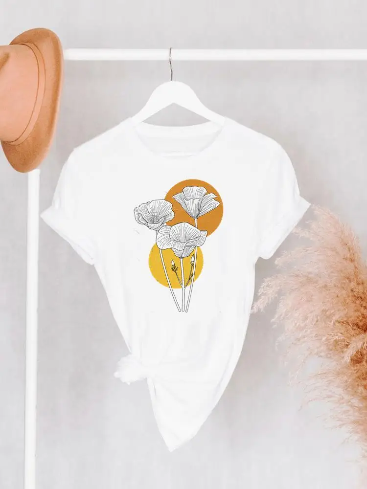 Kvet Rastliny Trend Roztomilý Print T Shirt Módne O-krku Krátkym Rukávom Letné Oblečenie Žien Oblečenie Grafické T-shirt Tee Top