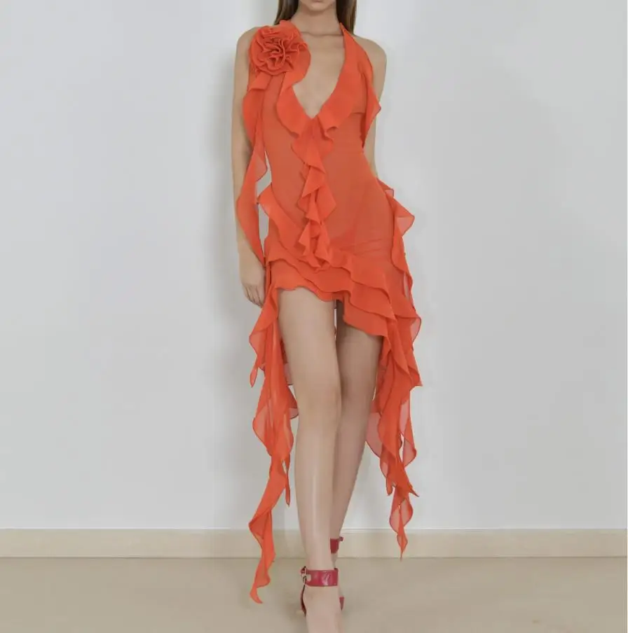 Letné dámske 3D Kvetinové Šaty, Sexy Dámy Slim Fit bez Rukávov tvaru Volánikmi Strapce Split Šaty Streetwear Večer Party Šaty