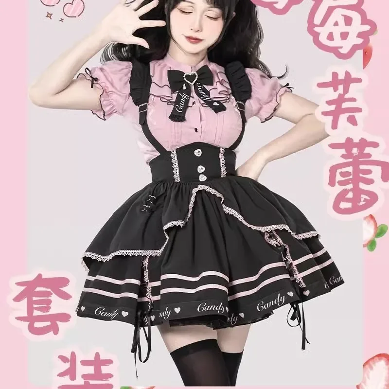 Lolita Jahoda Lístkového Lístkového Rukáv Kawaii čierna ružová čipka luk podväzky sukne krátke rukáv