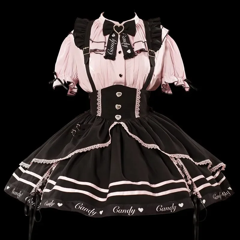 Lolita Jahoda Lístkového Lístkového Rukáv Kawaii čierna ružová čipka luk podväzky sukne krátke rukáv