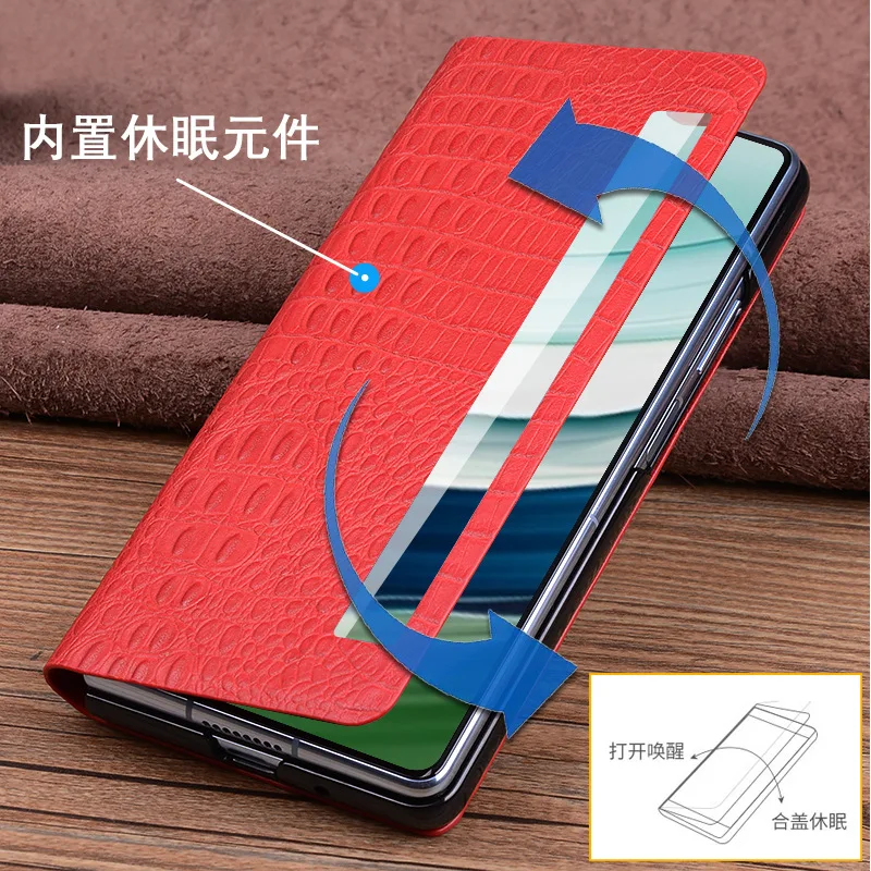 Luxusné Pravé Hovädzie Kože Magnetické Okno Flip Cover Mobile Phone Book Obal Pre Huawei Mate X5 Telefón Prípadoch Funda