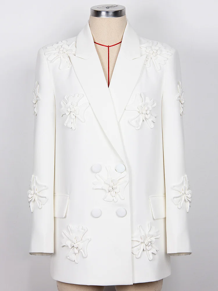 Luxusný 3D Flroal Dlhých Plášťov pre Ženy Bunda, Kabát na Jeseň v Zime Zase Dole Golier Strany Úradu Elegantné Biele vrchné oblečenie