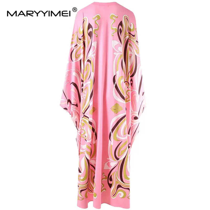 MARYYIMEI Móda Jeseň Zimné dámske šaty Batwing Rukáv V krku Pruhované Tlač Asymetrické Voľné šaty, ružové Šaty