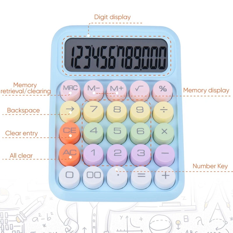 Mechanické zatláčacie tlačidlo Kalkulačka, 12 Miestny LCD Displej, Veľké Tlačidlá, Ľahké Stlačte, Farebné Cukrovinky Kalkulačka